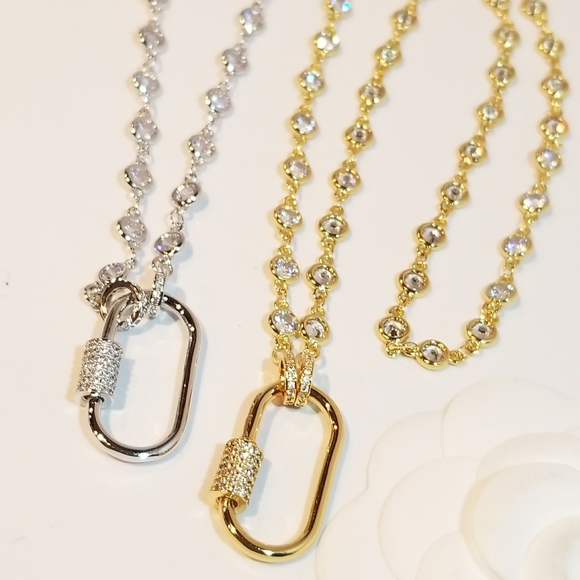 CZ Oval Carabiner Lock Pendant Charm Necklace NEW - Picture 2 of 11